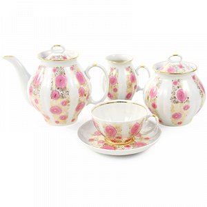 Сервиз чайный фарфоровый "Розовый сад" 15 предметов на 6 персон, форма "Белый лебедь", ручная роспись (Россия)
