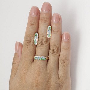 Позолоченное кольцо с зелеными,голубыми и бесцветными фианитами - 1140 - п
