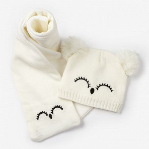 Комплект детский (шапка, шарф) MINAKU "Мордашка", вид 1, размер 52-54, цвет белый/чёрный
