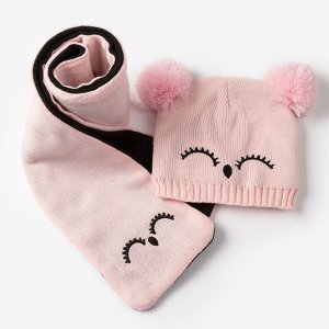 Комплект детский (шапка, шарф) MINAKU "Мордашка", вид 1, размер 52-54, цвет розовый/чёрный