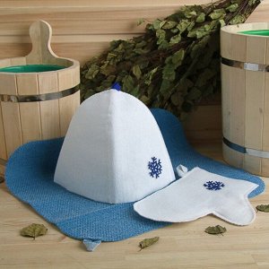 Набор банный "Снежинка" (коврик, рукавица, шапка), экофетр, синий