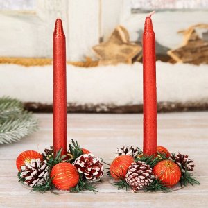 Свеча новогодняя с подсвечником ""Красные шары и шишки"" (набор 4 шт) 4х13,5х17 см, красный