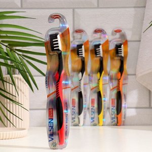Зубная щетка Carbon серии "Vilsen brush" черная в ассортименте, средней жесткости. Черная щетина, белые массажные вставки. Цвет чёрный с белым, чёрный с жёлтым, чёрный с красным, чёрный с оранжевым.