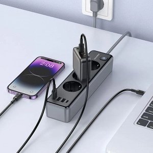 Сетевой фильтр Borofone Power 3-Position Socket, 3 гнезда, 3 USB-A, 1 USB-C, 2500W + DC12W, 3 метра