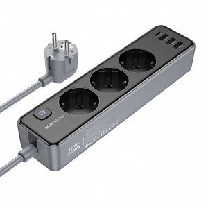 Сетевой фильтр Borofone Power 3-Position Socket, 3 гнезда, 3 USB-A, 1 USB-C, 2500W + DC12W, 3 метра