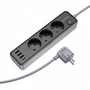 Сетевой фильтр Borofone Power 3-Position Socket, 3 гнезда, 3 USB-A, 1 USB-C, 2500W + DC12W, 3 метра