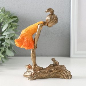 Фигурка полистоун «Малышка и лягушонок», бронза, оранжевый, 12x5x15 см