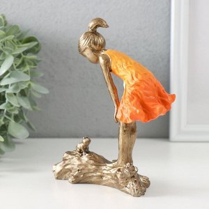 Фигурка полистоун «Малышка и лягушонок», бронза, оранжевый, 12x5x15 см