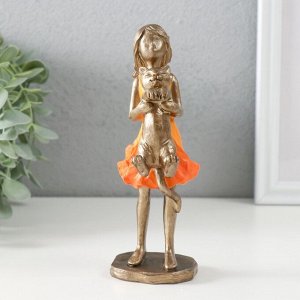 Фигурка полистоун «Малышка в оранжевом платье с котом», бронза, 7.5x6x16 см