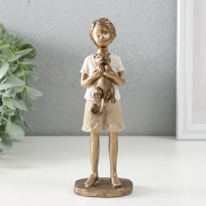 Фигурка полистоун «Мальчишка с котом», бронза, бело-песочный, 5.5x5.5x16.5 см