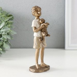 Фигурка полистоун «Мальчишка с котом», бронза, бело-песочный, 5.5x5.5x16.5 см