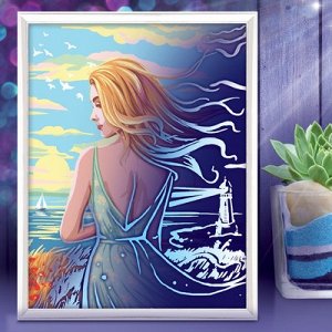 Лунная роспись по номерам "Девушка у моря" с красками 14 штук по 3 мл+кисти 30*40 см