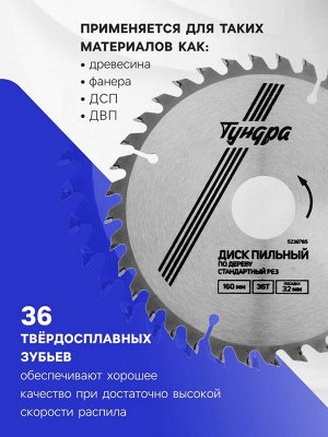 Диск пильный по дереву ТУНДРА, стандартный рез, 160x32 мм (кольца на 22,20,16), 36 зубьев