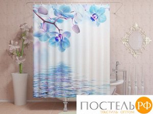 Фотоштора для ванной 145x180, 1 полотно, на люверсах Голубые орхидеи у воды