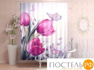 Фотоштора для ванной 145x180, 1 полотно, на люверсах Тюльпаны и бабочки
