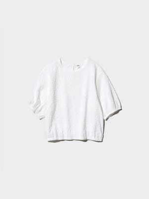 UNIQLO - блузка из ткани сирсакер с коротким рукавом - 01 OFFWHITE