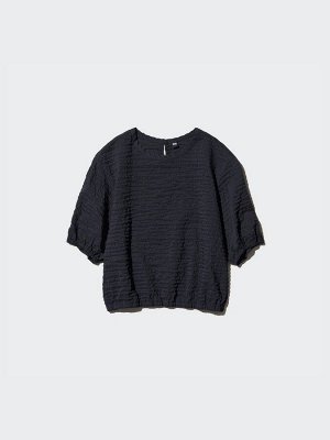 UNIQLO - блузка из ткани сирсакер с коротким рукавом - 09 BLACK