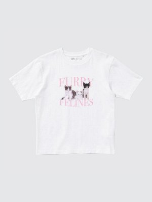 UNIQLO UT - хлопковая футболка свободного силуэта с принтом кошек - 00 WHITE