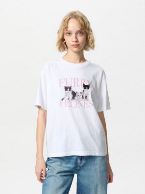 UNIQLO UT - хлопковая футболка свободного силуэта с принтом кошек - 00 WHITE