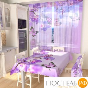 Фототюль для кухни 140*160, 2 полотна Бабочки у воды с орхидеями