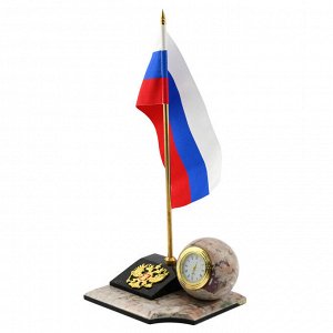 Часы из змеевика и креноида "Шар на подставке"+флаг с гербом 120*110*75мм.