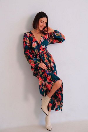 Платье с юбкой-плиссе изумрудное с ярким принтом
