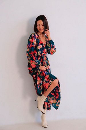 Платье с юбкой-плиссе изумрудное с ярким принтом
