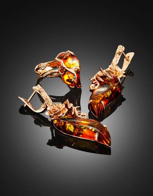 Нарядные серьги «Колибри» из коньячного янтаря