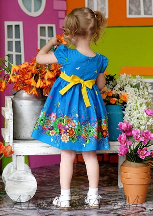 Красочное летнее платье на подкладе с завышенной талией синее