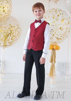 Юниор Элегантный костюм для мальчиков, состоит из жилета и брюк. Жилет выполнен из костюмной ткани (спинка) и ткани с жаккардовым рисунком (перед), застежка на 4 пуговицы. На спинке имеется хлястик, с
