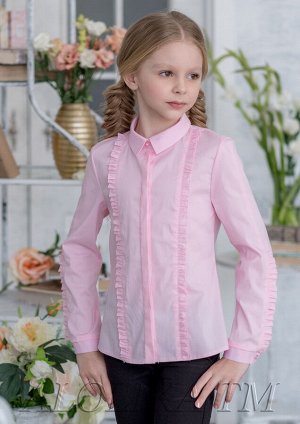 Агния Школьная блузка для девочки из смесового хлопка.Длинный рукав блузки и полочка дополнены декоративными вставками в виде при собранного рюша .Блузку можно сочетать с сарафаном,юбкой и брюками.
