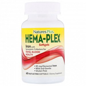 Nature's Plus, Hema-Plex, Железо, 60 быстродействующих мягких капсул