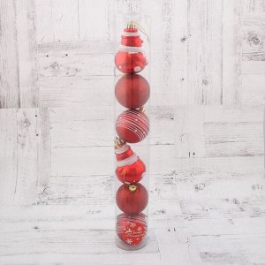 Набор украшений пластик 6 шт "Праздник" (4 шара, 2 снеговика) 6 см красный