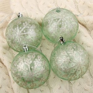 Набор шаров пластик d-8 см, 4 шт "Воздушные снежинки" зелёный