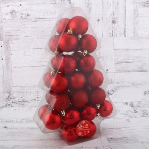 Набор шаров пластик d-5 см, 34 шт "Ёлочка - снежинки и горох" красный
