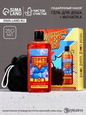 Подарочный набор косметики «Супер-герою», гель для душа 250 мл и мочалка для тела, Чистое счастье
