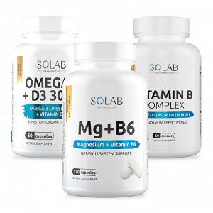 Набор витаминов. Omega-3+Витамин Д3 600МЕ 60 капсул + Магний + Витамин В6 120 капсул + подарок Витамины группы В 60 капсул