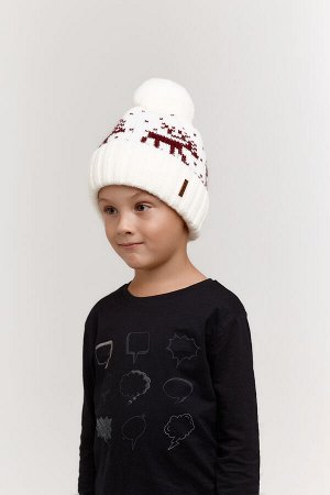 Детская новогодняя шапка "Олени" с флисовым подкладом и трикотажным помпоном