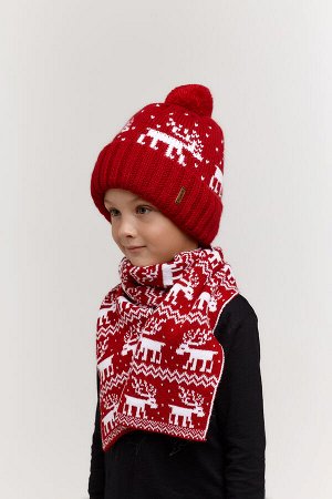 Детский новогодний комплект "Олени". Шапка с флисовым подкладом и трикотажным помпоном + шарф