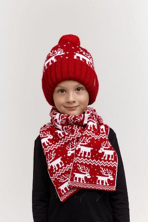 Детский новогодний комплект "Олени". Шапка с флисовым подкладом и трикотажным помпоном + шарф