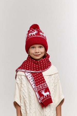 Детский новогодний комплект "Олени 2". Шапка с флисовым подкладом и трикотажным помпоном + шарф