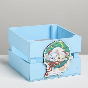 Ящик реечный с декором "Мышки", голубой, 13 х 13 х 9 см
