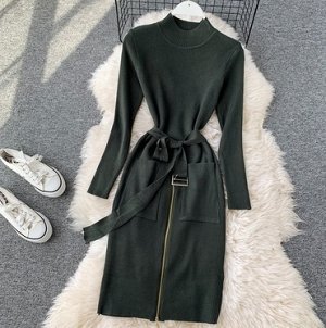 Платье с поясом,тёмно-зелёный