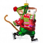 Стеклянная ёлочная игрушка Мышонок Рамон на коньках 13 см, подвеска (Holiday Classics)