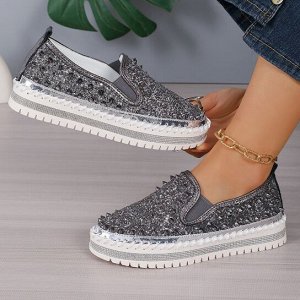 Слипоны блестящие с толстой подошвой , серебро