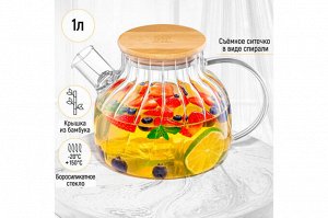 Чайник Crystal Glass 1 л с ситом и бамбуковой крышкой, стекло, 20x14x13 см