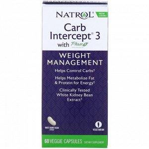 Natrol, Carb Intercept 3 с контроллером углеводов фазы 2, 60 вегетарианских капсул