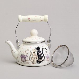 Эмалированный чайник AGNESS "Lavender Cats" с фильтром из нержавеющей стали, 0,85 л — стильный подарок для вашей кухни, 1 шт.