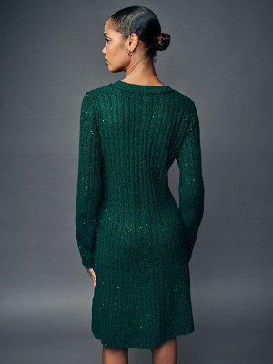 Blue Teal Sequin Sparkle - трикотажное мини-платье-джемпер с ребристым кроем и расклешенной отделкой из шерсти