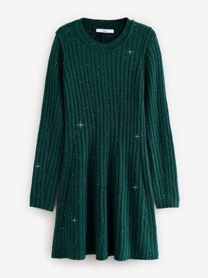Blue Teal Sequin Sparkle - трикотажное мини-платье-джемпер с ребристым кроем и расклешенной отделкой из шерсти